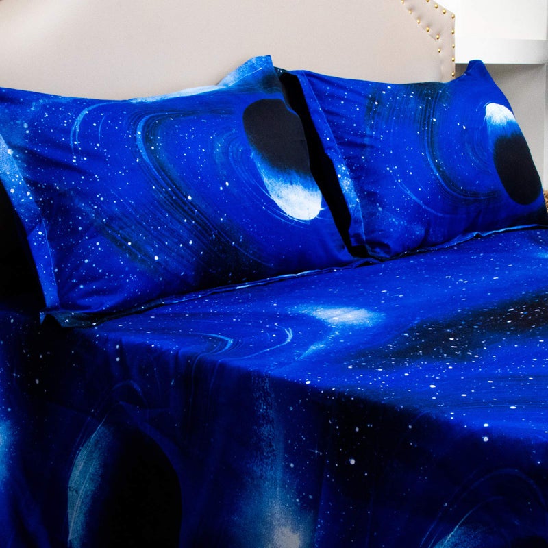 Bedlifes Galaxy Outer Space Sheet Set, Galaxy Themed, 3 pcs Including Flat Sheet, Fitted Sheet, and 1 Pillowcase (Light Blue Full) - Image 5
